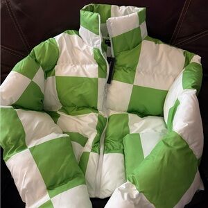 PrettyLittleThing Green & White Checkerboard Women’s  Puffer Jacket